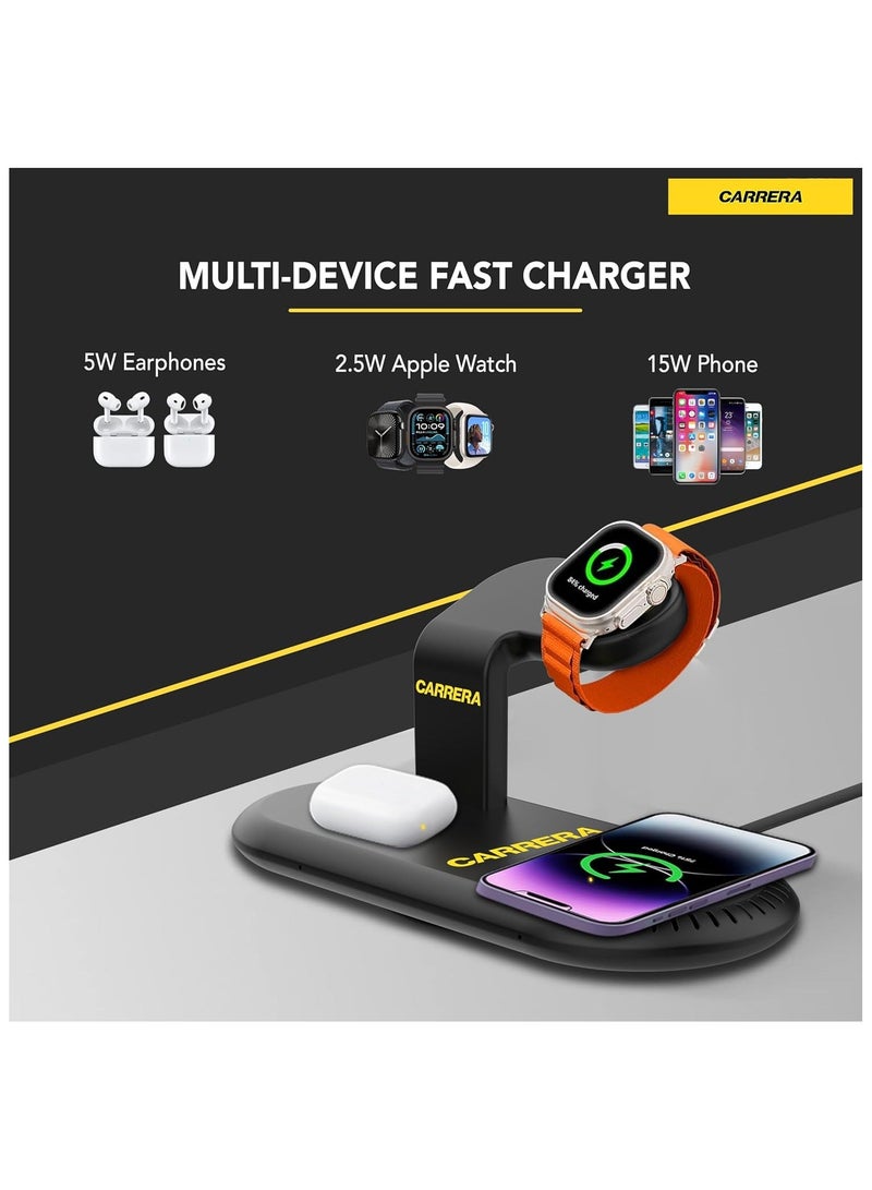 CARRERA 3 in 1 Wireless Charger Stand CWC-233, 15W Fast Charging for Phone, 5W for Earbud, 2.5W for Watch, Type C Cable Included, Multi-Device Compatible - Image 3