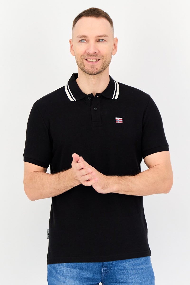 Nordland قميص بولو قصير الأكمام بتصميم عادي للرجال بشعار العلامة التجارية، أسود - Image 1