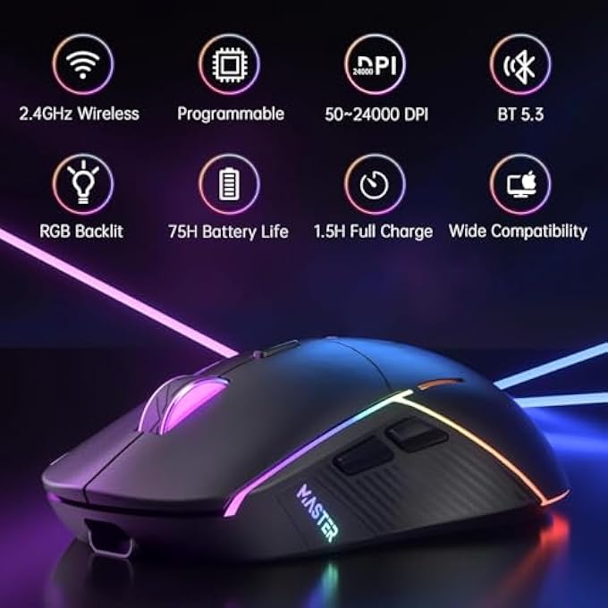 Master WIRELESS GAMING MOUSE, 24000 DPI, TRI-MODE 2.4G/USB-C/BLUETOOTH 5.3 GAMING MOUSE WIRELESS, RGB PROGRAMMABLE MOUSE GAMER, 75HRS BATTERY LIFE, RECHARGEABLE GAMING MICE FOR PC, MAC, PS5, XBOX - BLACK - Image 2