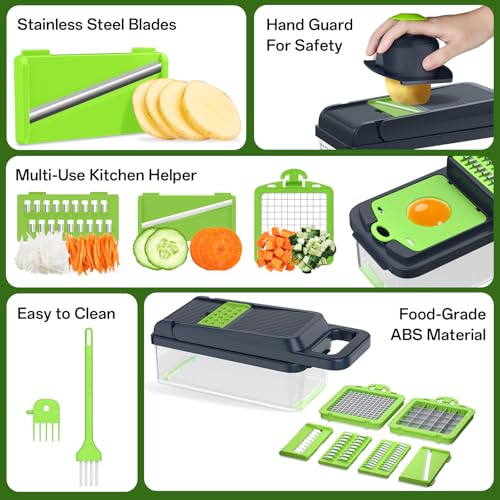 HomeHacks مفرمة الخضار HomeHacks، قاطع الخضار، 12 في 1 أداة مطبخ، مكعب، شريحة، قاطع بصل، سلطة، مبشرة جبن وفاصل بيض - غطاء مفرمة خضار متعددة الوظائف مع مقبض (أخضر) - Image 5