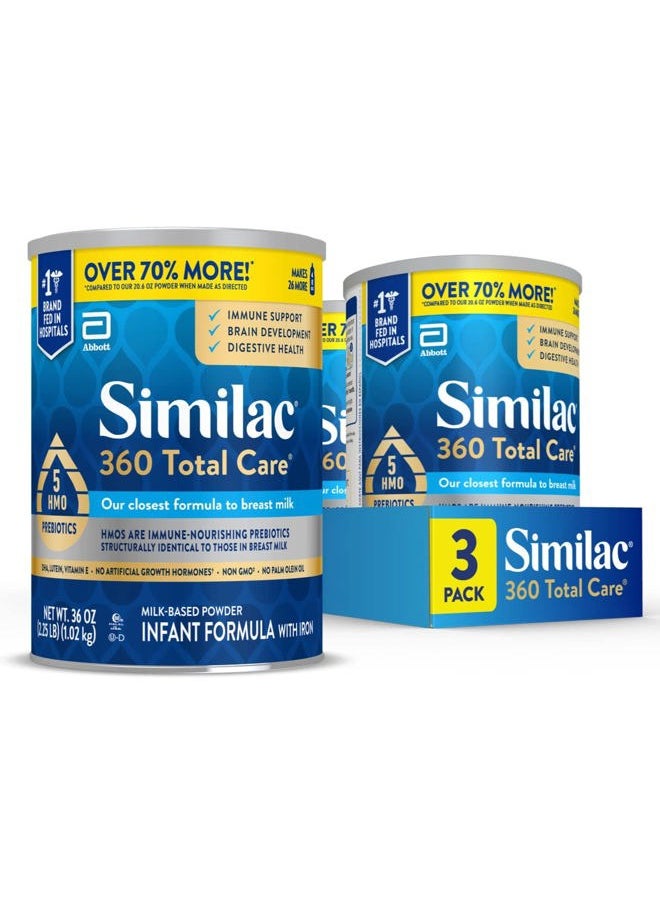 Similac - 360 Total Care Infant Formula, Has 5 HMO Prebiotics, Our Closest Prebiotic Blend to Breast Milk, Non-GMO, Baby Formula Powder, 36-oz Value Can, Pack of 3 - Image 1