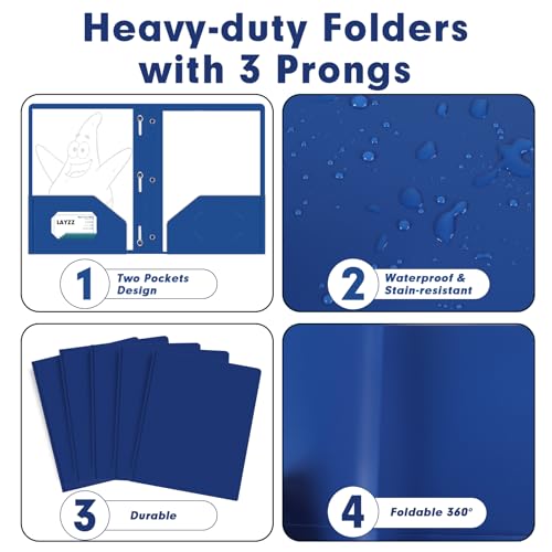 LAYZZ Plastic 2 Pocket Folders with Prongs, 30 Pack, Heavyweight, Letter Size Poly Folders with 3 Metal Prongs Fastener Clips (Blue) - Image 5