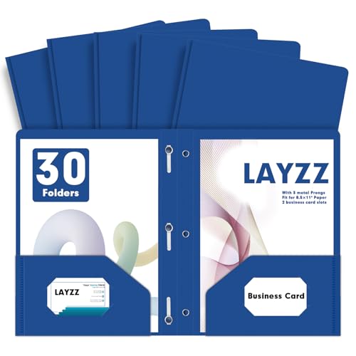 LAYZZ Plastic 2 Pocket Folders with Prongs, 30 Pack, Heavyweight, Letter Size Poly Folders with 3 Metal Prongs Fastener Clips (Blue) - Image 1