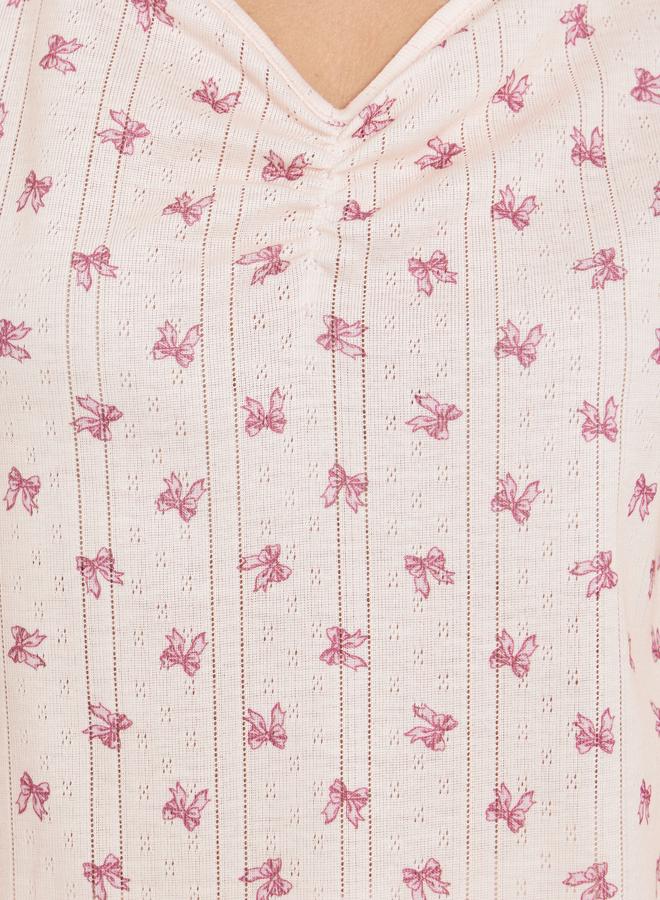 Styli Bow Print Pointelle Dropped Shoulder T-Shirt and Wide Leg Pyjama Set - Image 3