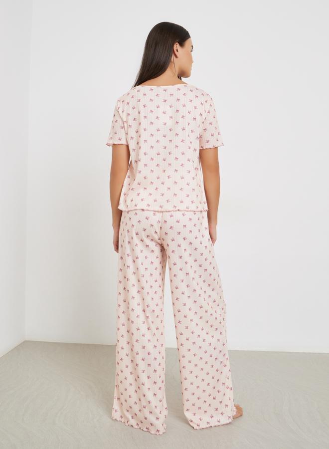 Styli Bow Print Pointelle Dropped Shoulder T-Shirt and Wide Leg Pyjama Set - Image 5