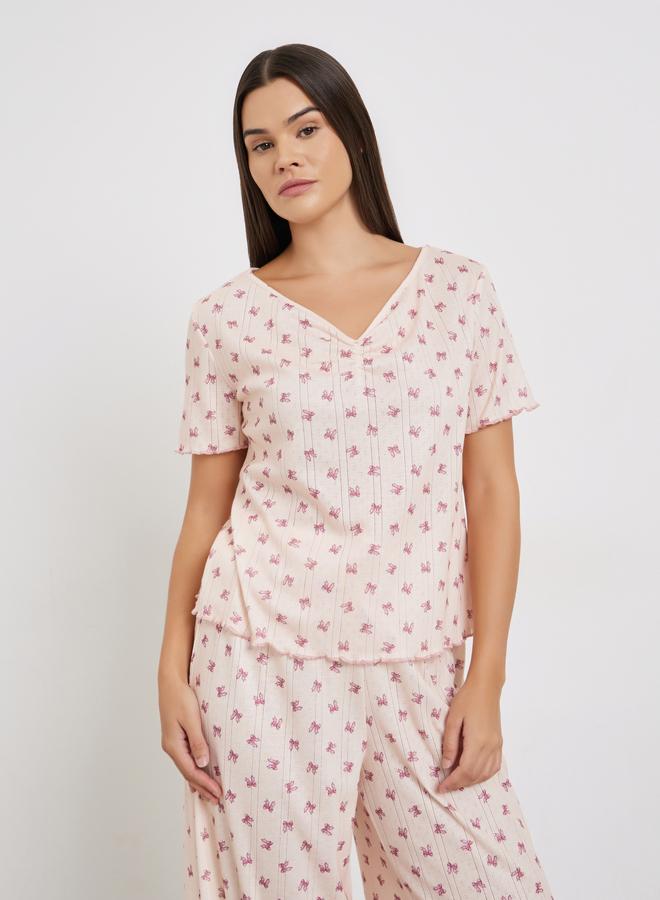 Styli Bow Print Pointelle Dropped Shoulder T-Shirt and Wide Leg Pyjama Set - Image 2