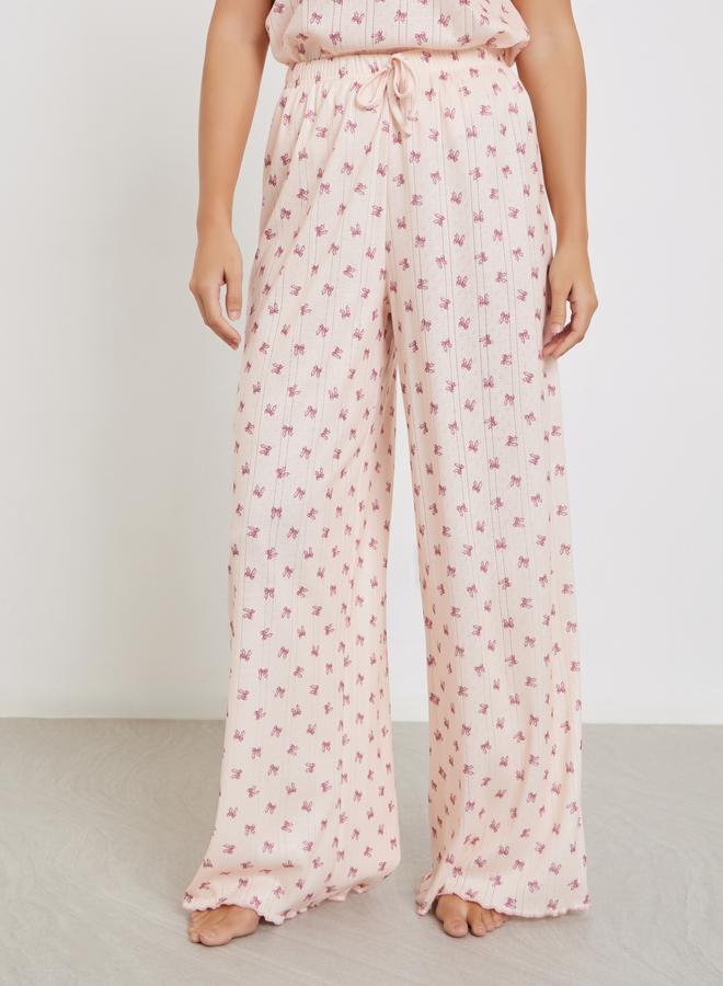 Styli Bow Print Pointelle Dropped Shoulder T-Shirt and Wide Leg Pyjama Set - Image 4