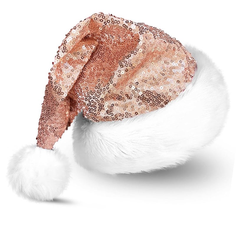 Gamusi Rose Gold Santa Hat Pink Shiny Sequin Mrs Santa Clause Hats for Christmas New Year Festive Holiday Party Cap - Image 2