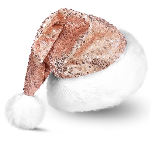 Gamusi Rose Gold Santa Hat Pink Shiny Sequin Mrs Santa Clause Hats for Christmas New Year Festive Holiday Party Cap - Image 1