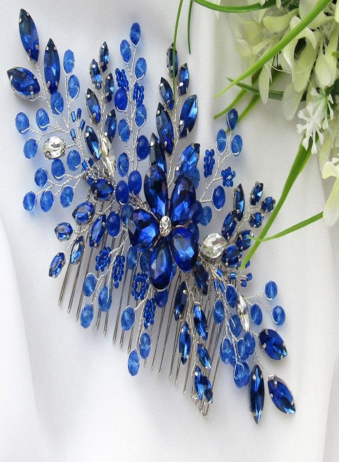 BERYUAN Women Royal Sapphire Opal Hair Comb Bridal Blue Crystal Flower Wedding Hair Accessory Gift for Her Party Headpiece for Bride Bridesmaid Girls(Blue) - Image 2