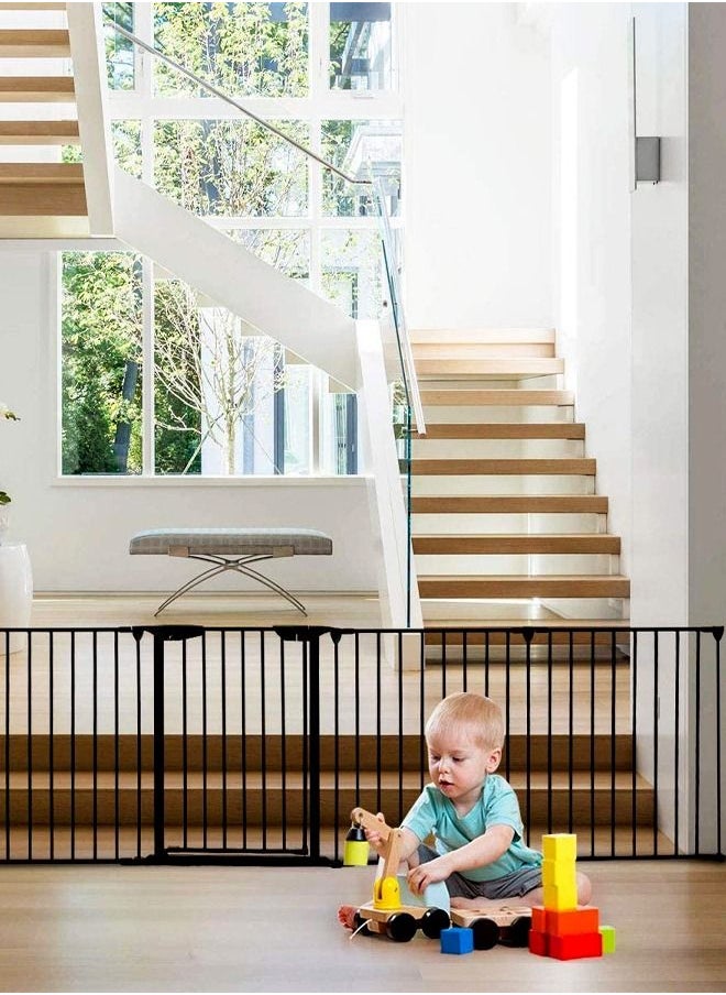 BAYBEE - Baby Safety Gate Adjustable Metal Barrier Fence For Babies Kids Pets Dogs Ideal For Openings Stairs Doorways Foldable Playpen With Door 310 Cm Black - Image 1