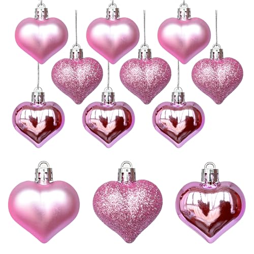 Tindobewan 12Pcs Heart Ornaments Multi Finish Heart Baubles Hanging Ornaments for Valentine’s Day Decor Mother's Day Christmas Tree Wedding Anniversary Party Decoration(Pink) - Image 1