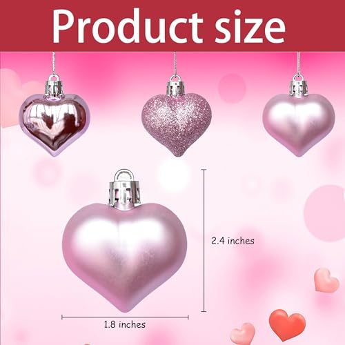 Tindobewan 12Pcs Heart Ornaments Multi Finish Heart Baubles Hanging Ornaments for Valentine’s Day Decor Mother's Day Christmas Tree Wedding Anniversary Party Decoration(Pink) - Image 2