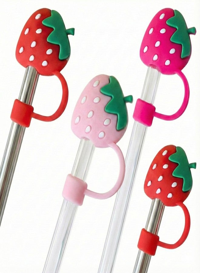Newvent® 4Pcs Silicone Straw Cover Cap 10mm | Cute Cartoon Dust-Proof Straw Topper | Reusable BPA-Free Straw Lid Cover for Tumblers, Cups & Bottles (Strawberry Design) - Image 1
