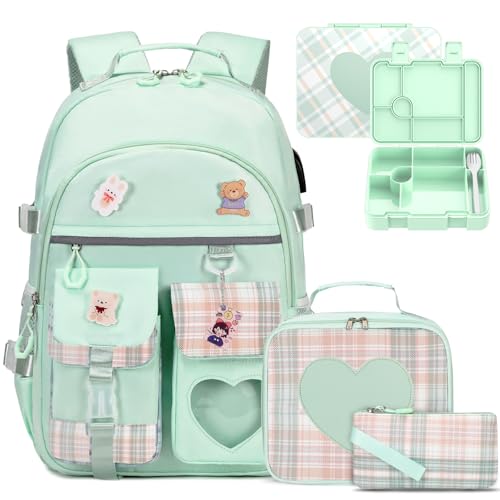 ACESAK Girls Backpack Bento Box with Insulated Lunch Bag Pencil Case Utensils Set for Kids 6 Leakproof Compartments Removable Tray Lunches or Snack Container for School Green - Image 1