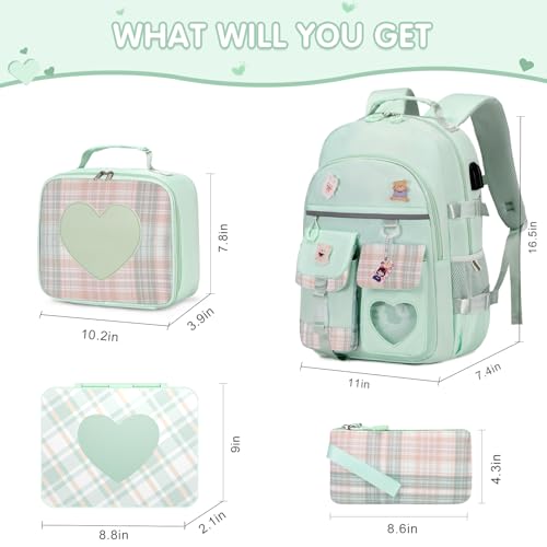 ACESAK Girls Backpack Bento Box with Insulated Lunch Bag Pencil Case Utensils Set for Kids 6 Leakproof Compartments Removable Tray Lunches or Snack Container for School Green - Image 3