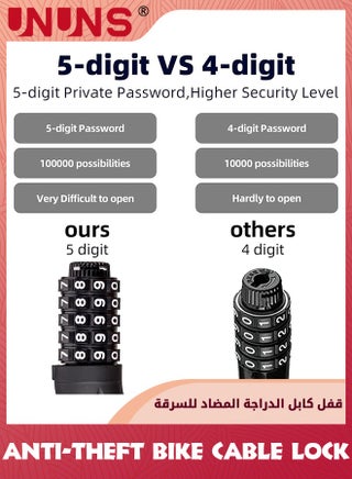 أقفال الدراجات قفل سلسلة الدراجة، قفل كابل الدراجة المضاد للسرقة، قفل سلسلة بكلمة مرور قابلة لإعادة الضبط مكون من 5 أرقام، قفل دراجة نارية للحماية الأمنية، قفل كابل ملفوف، أسود - 120 سم - view 2