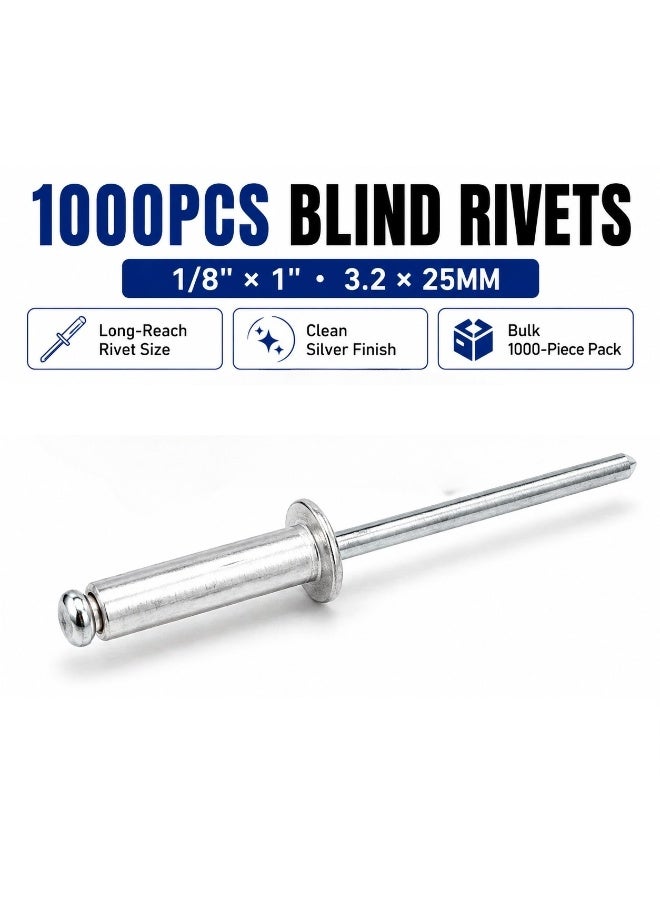 1000PCS 1/8 × 1 Inch Blind Rivets, 3.2 × 25mm Silver Pop Rivets with Steel Mandrel for Sheet Metal, Aluminum Panels, Automotive, Furniture & DIY Repair - Image 1