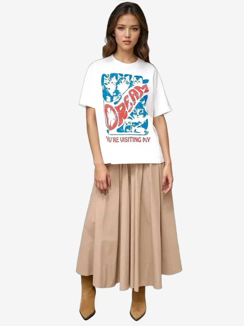 هيكاب تيشيرت قطن مطبوع بياقة دائرية كبير الحجم