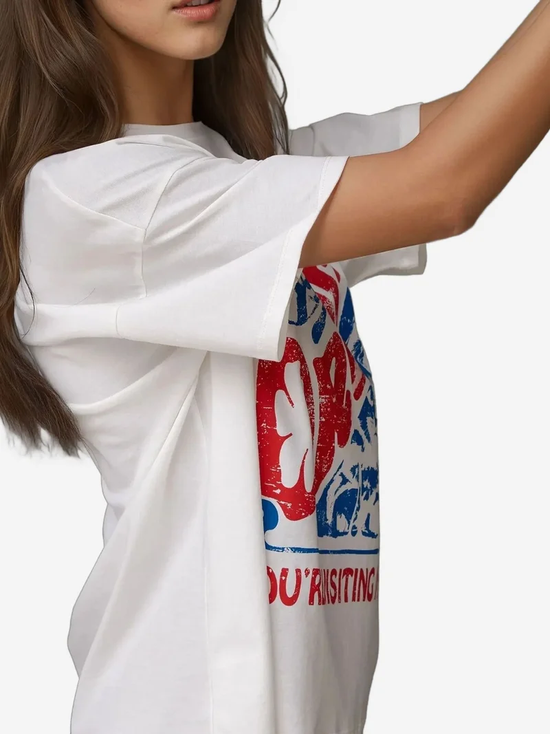 HICCUP %100 Cotton Oversized Printed Crew Neck Cotton T-Shirt