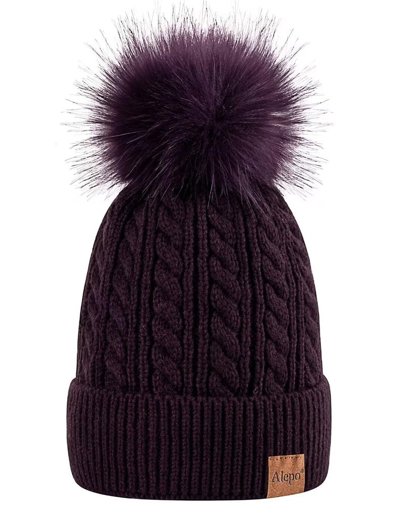 Alepo Womens Winter Beanie Hat, Warm Fleece Lined Knitted Soft Ski Cuff Cap with Pom Pom(Dark Purple) - Image 1