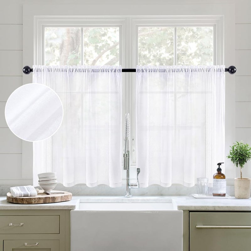 MIULEE MIULEE White Sheer Kitchen Curtains 36 Inch Length Linen Textured Half Window Curtains for Bathroom Cafe Rod Pocket Short Curtain Tiers Light Filtering Drapes 2 Panels 29 x 36 Inches Long