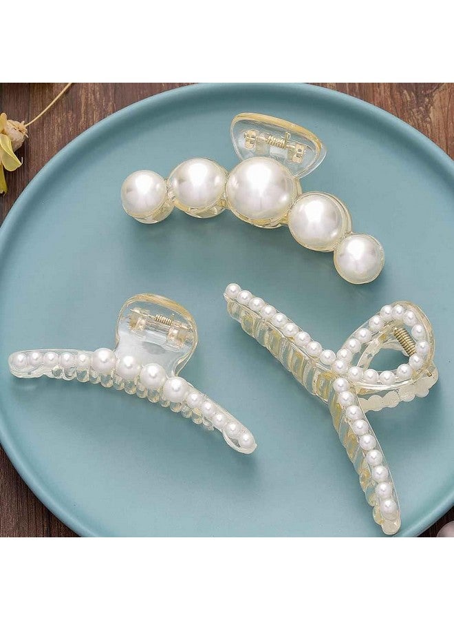 AUTOWRAP Pearl Hair Claw Clips, 3 Pcs Non Slip Hair Catch Jaw Barrette Hair Clamps, Fashion Styling Plastics Hair Grips Strong Hold Hair Accessories for Women Girls - Image 2