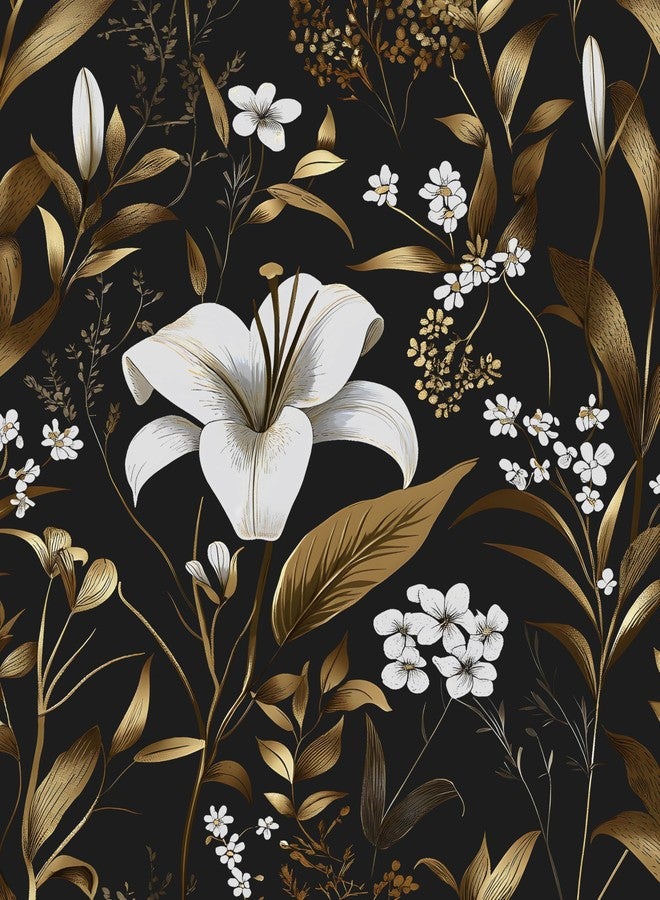 Laatse Black White Floral Wallpaper Peel and Stick, Dark Gold Vintage Contact Paper 17.5" x 393", Golden Botanical Wall Paper Self Adhesive Removable Waterproof for Bedroom Cabinet Drawer Table Decor - Image 1
