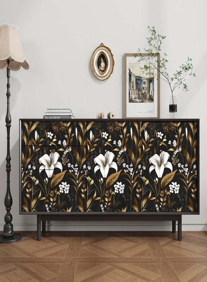 Laatse Black White Floral Wallpaper Peel and Stick, Dark Gold Vintage Contact Paper 17.5" x 393", Golden Botanical Wall Paper Self Adhesive Removable Waterproof for Bedroom Cabinet Drawer Table Decor - Image 3