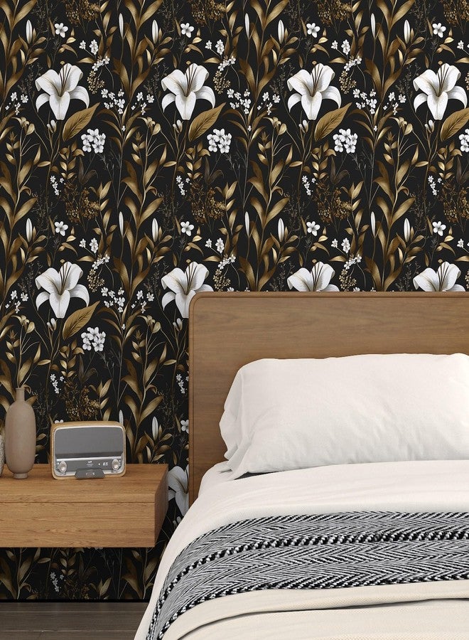 Laatse Black White Floral Wallpaper Peel and Stick, Dark Gold Vintage Contact Paper 17.5" x 393", Golden Botanical Wall Paper Self Adhesive Removable Waterproof for Bedroom Cabinet Drawer Table Decor - Image 5