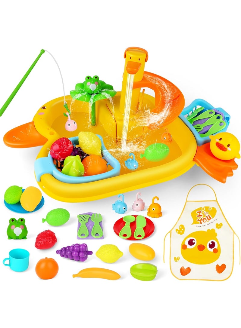 SYOSI Play Sink with Running Water, Toddler Kitchen Sink Toy with Electric Faucet and Floating Fishing Game, Pretend Play Washing Dishes Water Toys for Kids Boys Girls Indoor Outdoor - Image 1