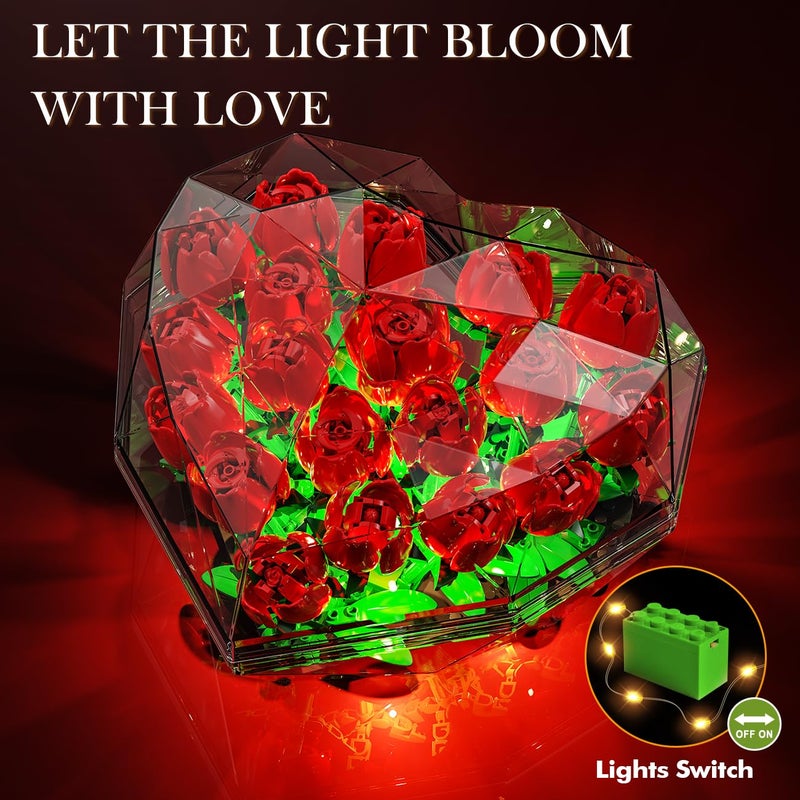 CUBIMANA مجموعة بناء باقة الزهور من كوبيمانا مع أضواء LED - 19 مجموعة وردية مع غطاء على شكل قلب لبنات البناء النباتية | هدايا عيد الحب وحفلات الزفاف وحفلات الزفاف للكبار والزوجة الحبيبة - Image 4