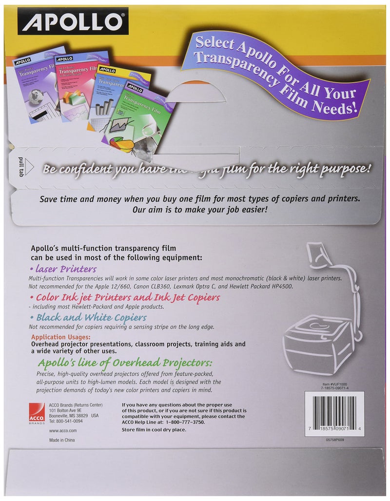 Apollo فيلم الشفافية متعدد الوظائف أبولو، 8.5 × 11 بوصة، شفاف، 50 ورقة لكل عبوة (VUF1000E) - Image 2