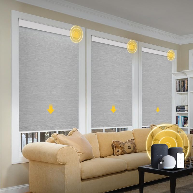 CITOLEN Motorized Blinds with Valance Cover Upgraded Smart Grasscloth Fabric Electric Remote Control Automatic Roller Shades for Windows Work Alexa Google Home Gray 31W x 72H SM100