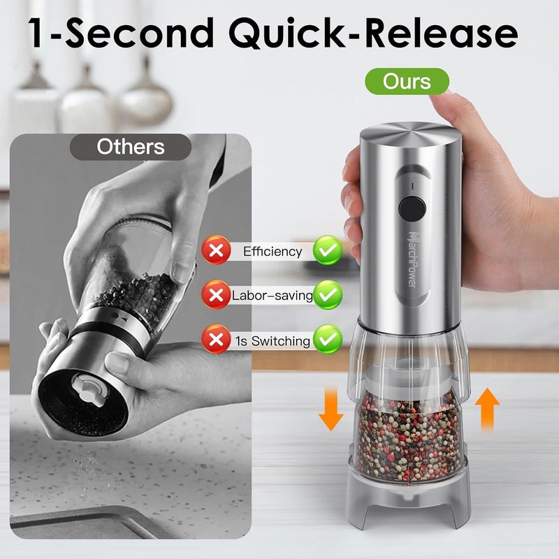 Marchpower Electric Salt and Pepper Grinder Set, 2-in-1 USB Rechargeable Pepper Mills With Base Adjustable Coarseness One Handed Operation Auto Grinders with Removable Transparent Container, LED Light - Image 4