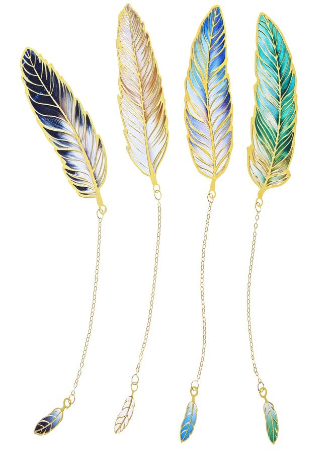 Larrel 4PCS Metal Feather Bookmarks, Feather-Shaped Metal Bookmarks with Chain, Elegant Bookmark Set for Reader, Writer, Teacher and Student, Vintage-Inspired Book Marks Set for Women and Men, Valentine Gift - Image 1