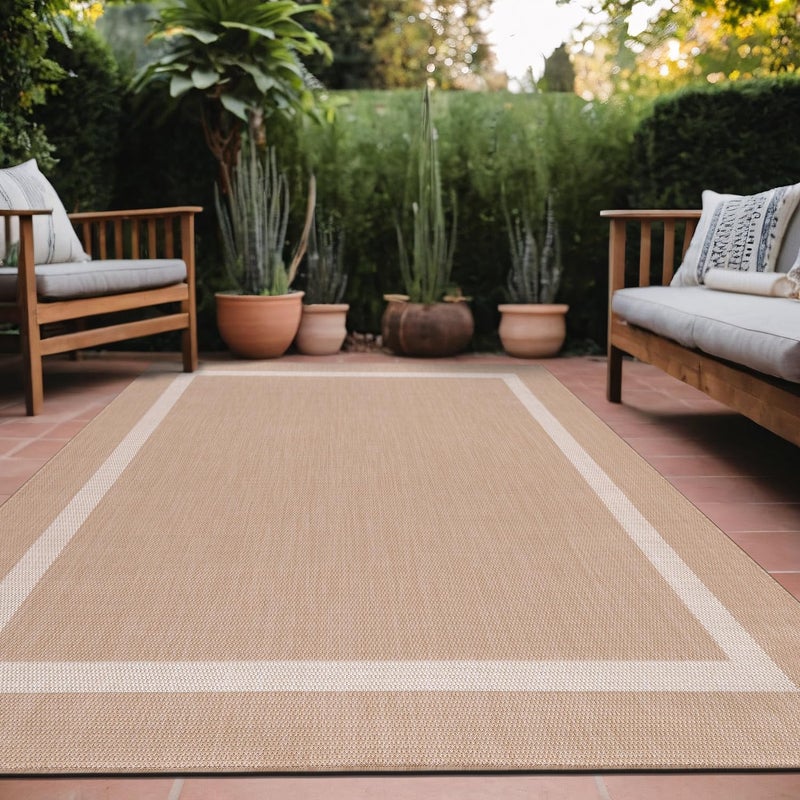 Luul Home Bordered Outdoor Rug 6x9 Washable Outside Carpet for Indoor Patio Porch Waterproof Easy Cleaning Non Shedding Area Rugs Beige 6 x 9