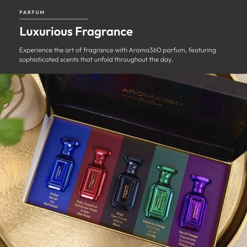 أروما 360  مجموعة عطور من 5 قطع بسعة 10 مل - عطور بلو، ريد، بلاك، جرين وبربل - Image 4