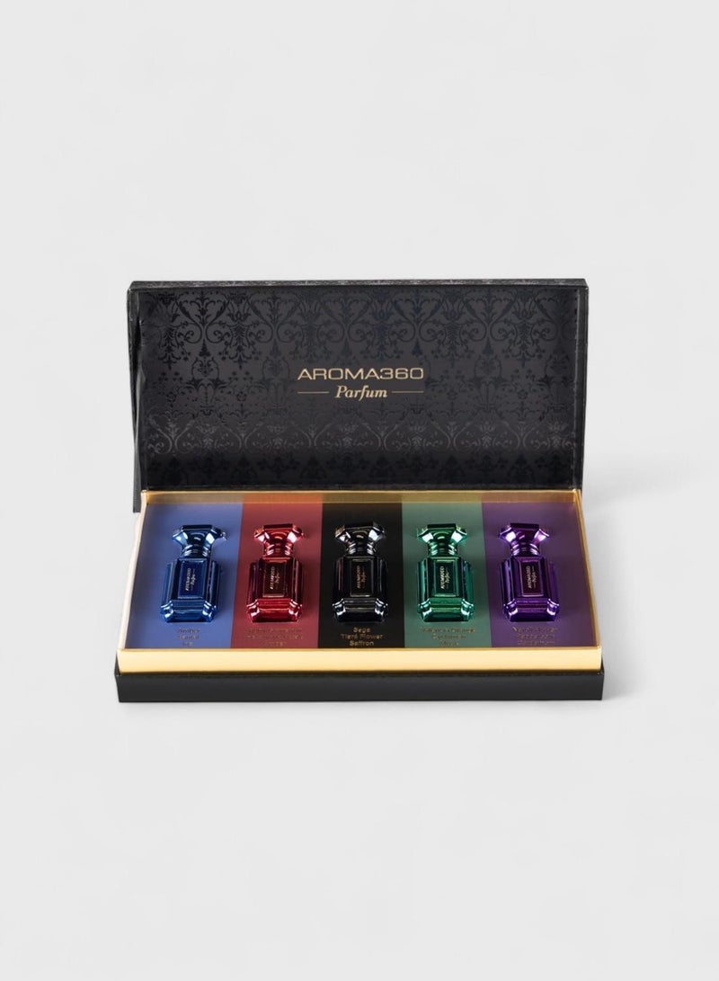 أروما 360  مجموعة عطور من 5 قطع بسعة 10 مل - عطور بلو، ريد، بلاك، جرين وبربل - Image 1