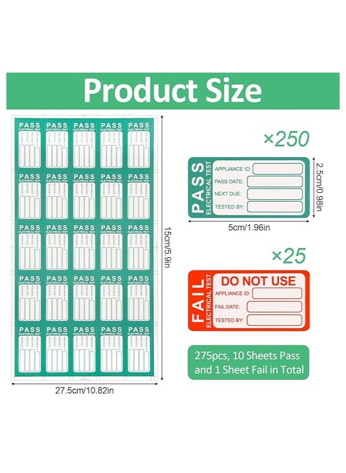 Midwest - Pat Testing Stickers, 250 PCS Pass & 25 PCS Fail Pat Testing Labels, Green and Red Pat Test Labels for Electronic Portable Appliance Safety Test(1 * 1.6 in) - Image 1