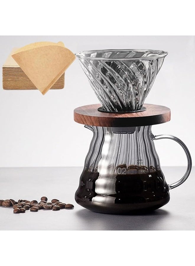 مجموعة تحضير القهوة الزجاجية V60 بسعة 600 مل حجم 02 مع قاعدة خشبية و40 فلتر ورقي، أدوات مثالية للقهوة المقطرة في المنزل والمكتب – رمادي - Image 1