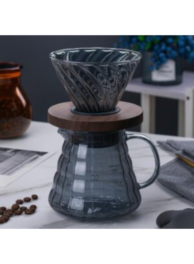 مجموعة تحضير القهوة الزجاجية V60 بسعة 600 مل حجم 02 مع قاعدة خشبية و40 فلتر ورقي، أدوات مثالية للقهوة المقطرة في المنزل والمكتب – رمادي - Image 2