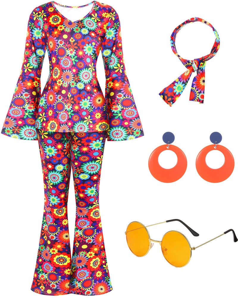 Leumoi 6 Pcs 60s 70s Disco Outfit Women Hippie Costume Accessories Flared Pants Headband Earrings Sunglass(Flower, X-Large) - Image 2