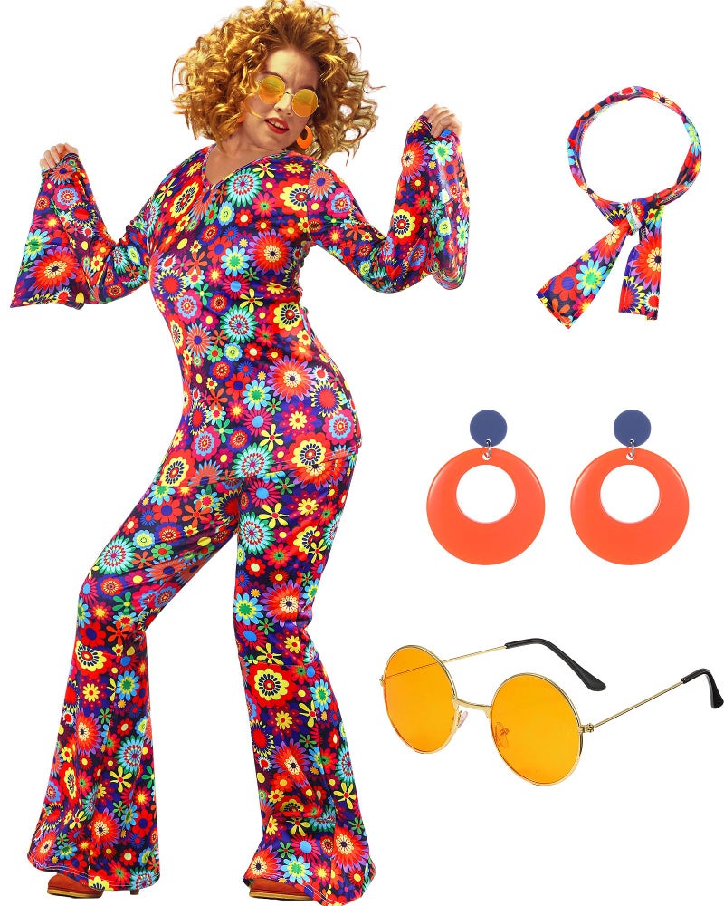 Leumoi 6 Pcs 60s 70s Disco Outfit Women Hippie Costume Accessories Flared Pants Headband Earrings Sunglass(Flower, X-Large) - Image 4