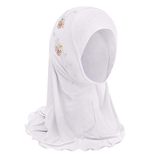 RUIXIA Muslim Hijab with Lace Applique Flower Rhinestones Islamic Prayer Turban Head Wrap Scarf Shawls for Little Girls Age 2-7Y White H75 One Size - Image 2