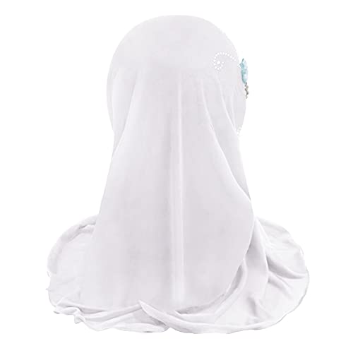 RUIXIA Muslim Hijab with Lace Applique Flower Rhinestones Islamic Prayer Turban Head Wrap Scarf Shawls for Little Girls Age 2-7Y White H75 One Size - Image 4
