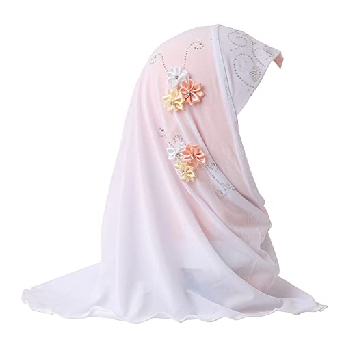 RUIXIA Muslim Hijab with Lace Applique Flower Rhinestones Islamic Prayer Turban Head Wrap Scarf Shawls for Little Girls Age 2-7Y White H75 One Size - Image 1