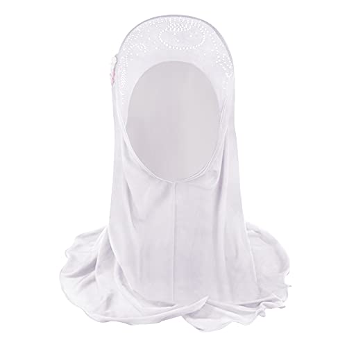 RUIXIA Muslim Hijab with Lace Applique Flower Rhinestones Islamic Prayer Turban Head Wrap Scarf Shawls for Little Girls Age 2-7Y White H75 One Size - Image 3