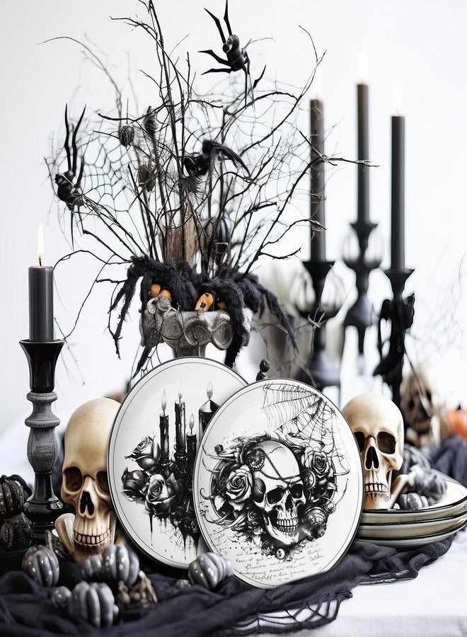 Vesici 4 Pieces Halloween Gothic Dinnerware Halloween Pattern Ceramic Plates Gothic Dinnerware Set Skull Dinner Plates Kitchen Decoration Spooky Gift for Home Decorative - Image 2