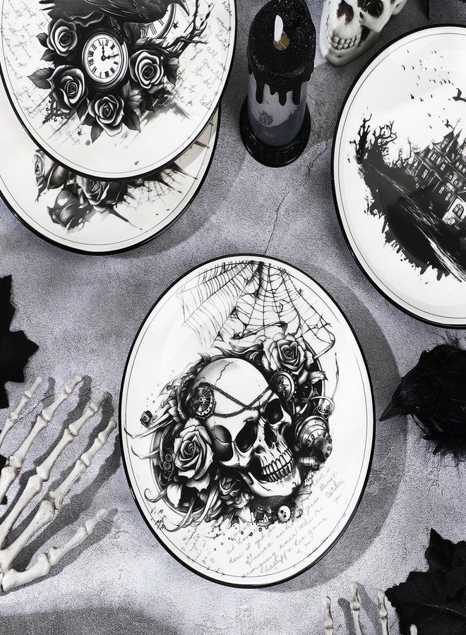 Vesici 4 Pieces Halloween Gothic Dinnerware Halloween Pattern Ceramic Plates Gothic Dinnerware Set Skull Dinner Plates Kitchen Decoration Spooky Gift for Home Decorative - Image 4